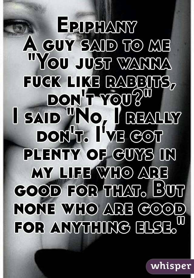 Epiphany
A guy said to me "You just wanna fuck like rabbits, don't you?"
I said "No, I really don't. I've got plenty of guys in my life who are good for that. But none who are good for anything else."
