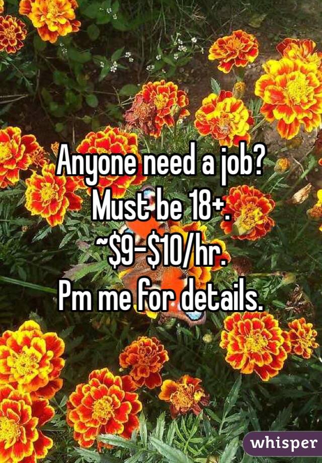 Anyone need a job? 
Must be 18+. 
~$9-$10/hr. 
Pm me for details. 