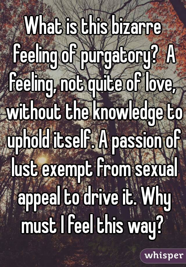 What is this bizarre feeling of purgatory?  A feeling, not quite of love,  without the knowledge to uphold itself. A passion of lust exempt from sexual appeal to drive it. Why must I feel this way? 