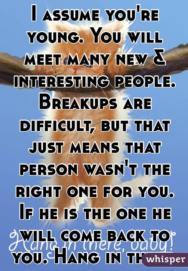 I assume you're young. You will meet many new & interesting people. Breakups are difficult, but that just means that person wasn't the right one for you. 
If he is the one he will come back to you. Hang in there.