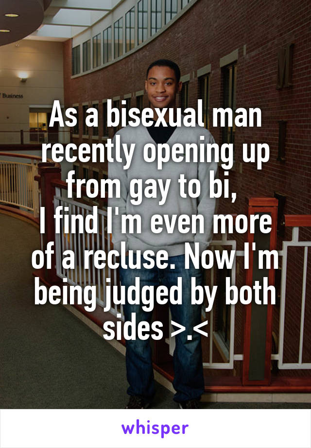 As a bisexual man recently opening up from gay to bi, 
I find I'm even more of a recluse. Now I'm being judged by both sides >.<