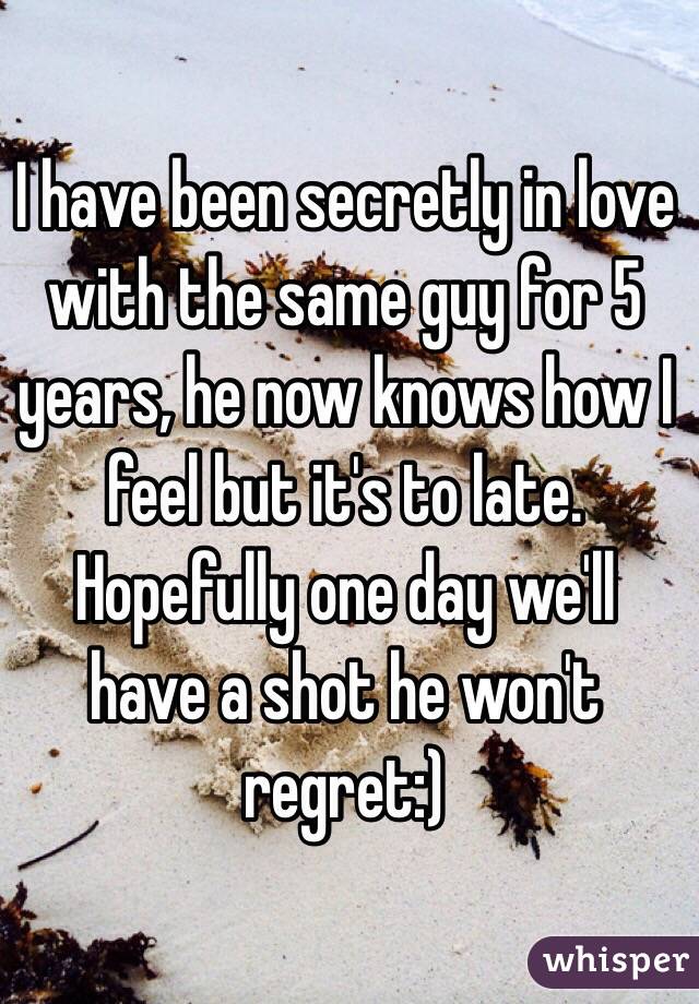 I have been secretly in love with the same guy for 5 years, he now knows how I feel but it's to late. Hopefully one day we'll have a shot he won't regret:)
