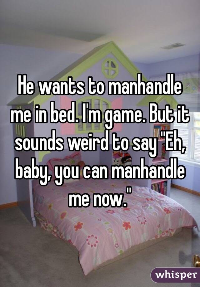  He wants to manhandle me in bed. I'm game. But it sounds weird to say "Eh, baby, you can manhandle me now." 
