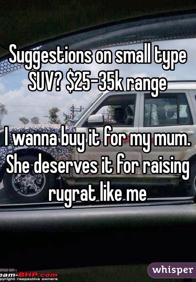 Suggestions on small type SUV? $25-35k range 

I wanna buy it for my mum. She deserves it for raising rugrat like me 