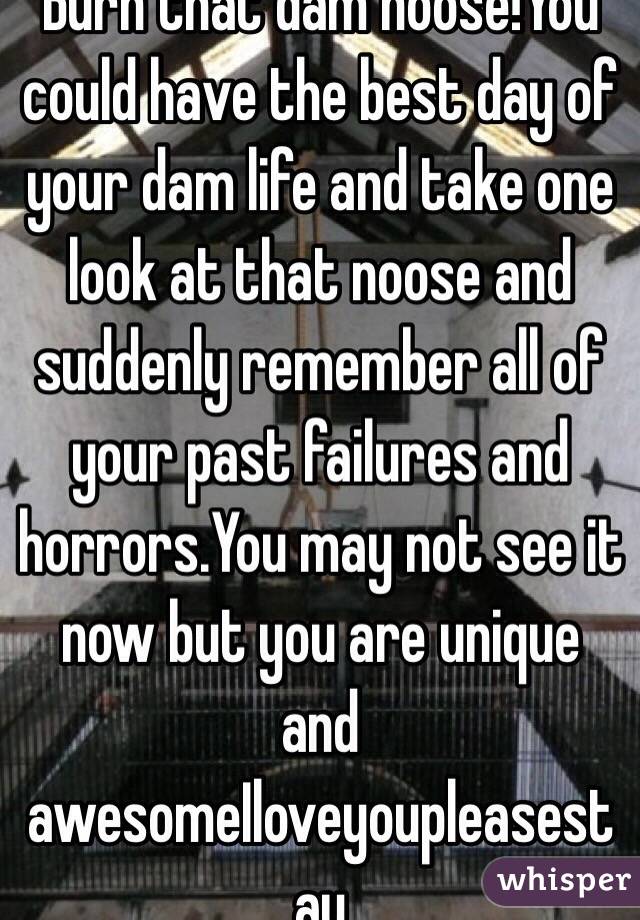 Burn that dam noose!You could have the best day of your dam life and take one look at that noose and suddenly remember all of your past failures and horrors.You may not see it now but you are unique and awesomeIloveyoupleasestay