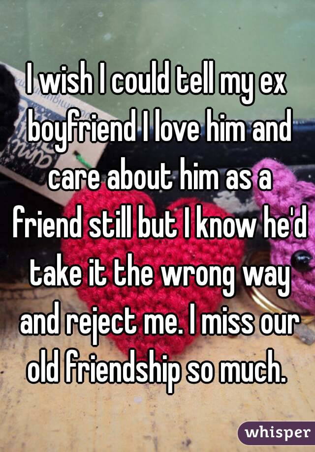 I wish I could tell my ex boyfriend I love him and care about him as a friend still but I know he'd take it the wrong way and reject me. I miss our old friendship so much. 