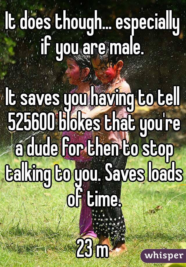 It does though... especially if you are male. 

It saves you having to tell 525600 blokes that you're a dude for then to stop talking to you. Saves loads of time.

23 m