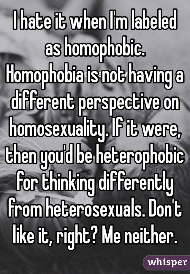 I hate it when I'm labeled as homophobic. Homophobia is not having a different perspective on homosexuality. If it were, then you'd be heterophobic for thinking differently from heterosexuals. Don't like it, right? Me neither. 