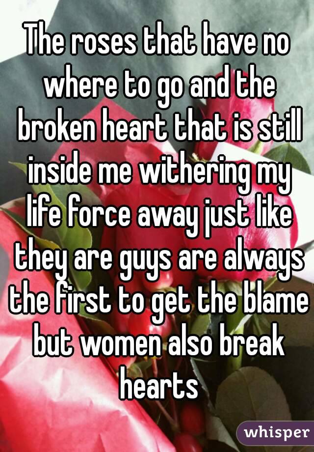 The roses that have no where to go and the broken heart that is still inside me withering my life force away just like they are guys are always the first to get the blame but women also break hearts