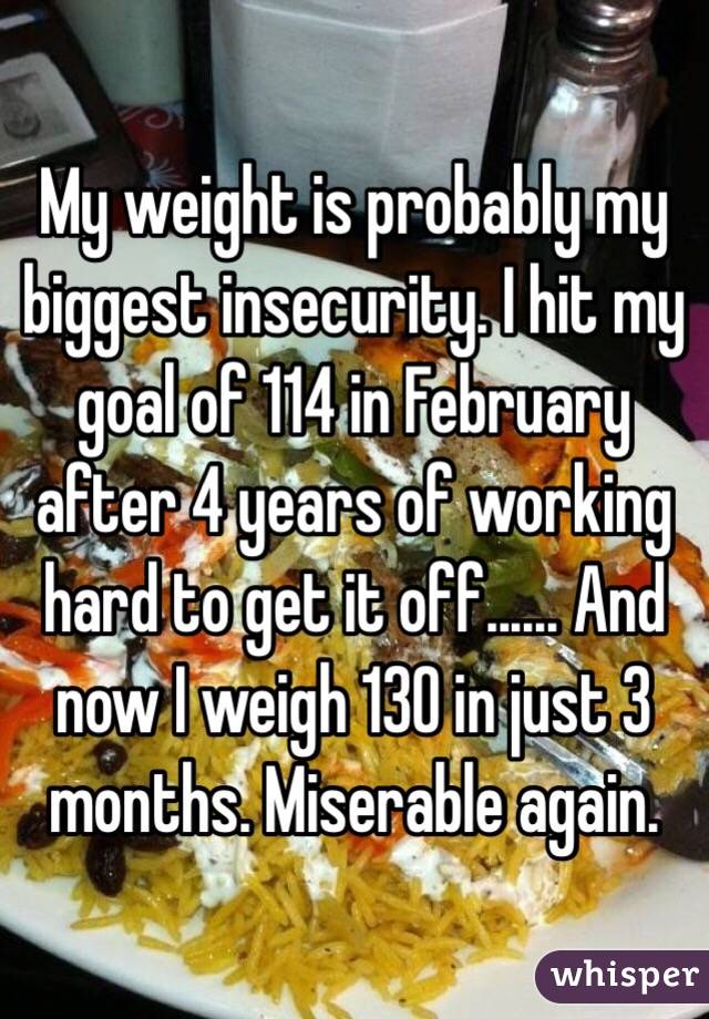 My weight is probably my biggest insecurity. I hit my goal of 114 in February after 4 years of working hard to get it off...... And now I weigh 130 in just 3 months. Miserable again.