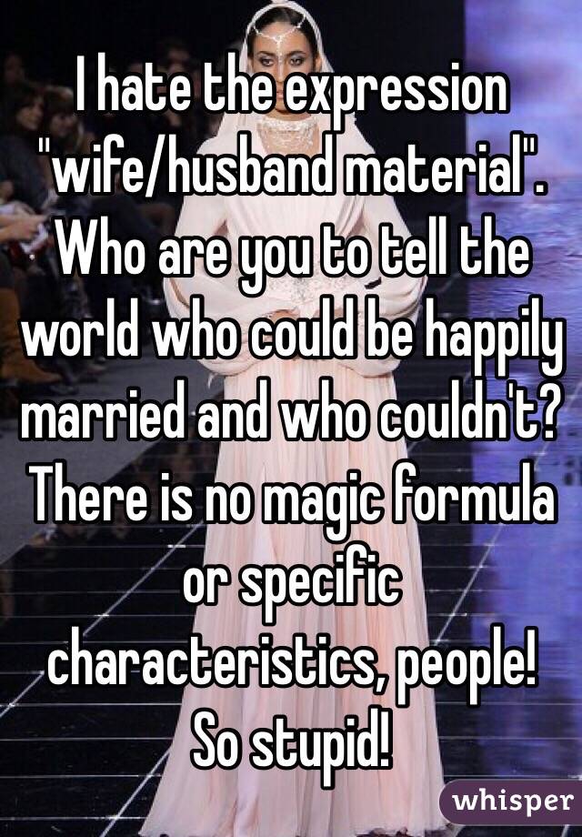 I hate the expression "wife/husband material".
Who are you to tell the world who could be happily married and who couldn't? There is no magic formula or specific characteristics, people!
So stupid!