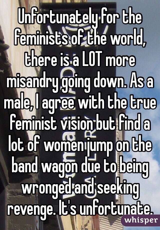 Unfortunately for the feminists of the world, there is a LOT more misandry going down. As a male, I agree with the true feminist vision but find a lot of women jump on the band wagon due to being wronged and seeking revenge. It's unfortunate.