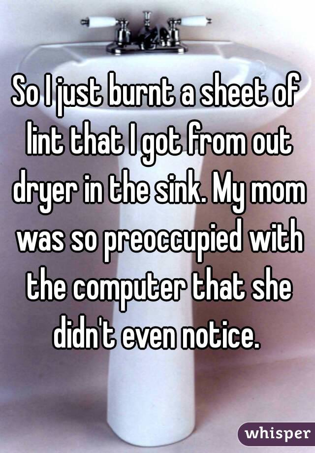So I just burnt a sheet of lint that I got from out dryer in the sink. My mom was so preoccupied with the computer that she didn't even notice. 