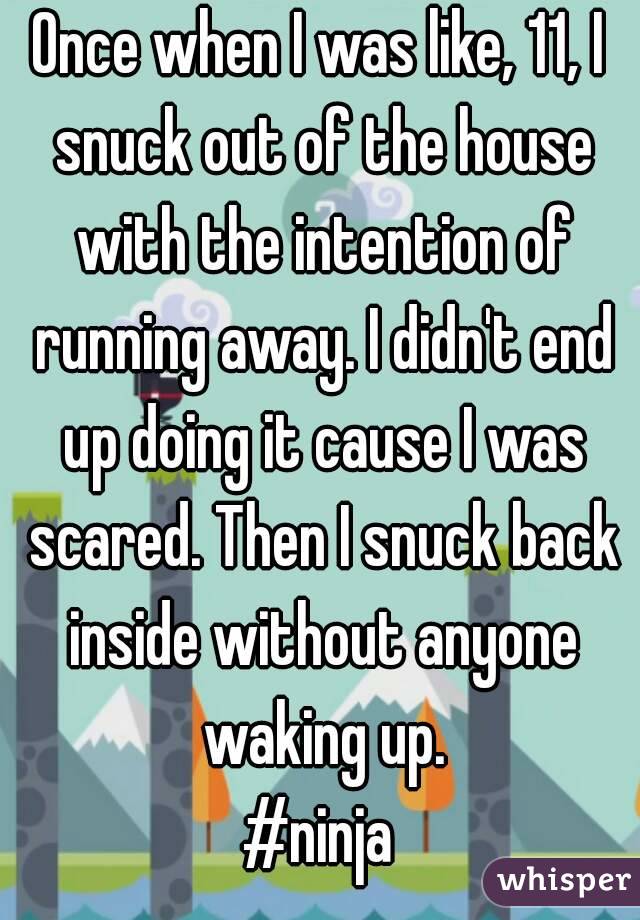 Once when I was like, 11, I snuck out of the house with the intention of running away. I didn't end up doing it cause I was scared. Then I snuck back inside without anyone waking up.
#ninja