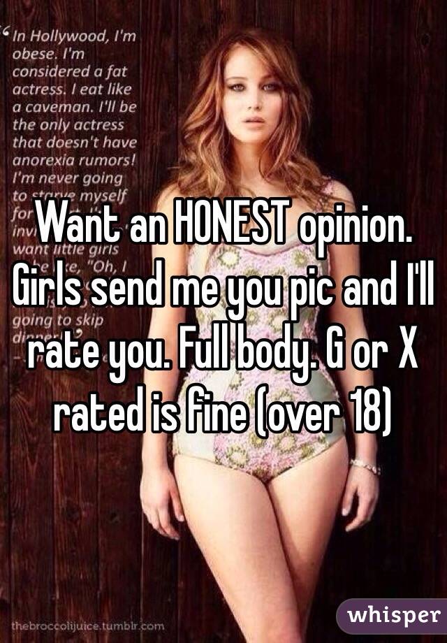 Want an HONEST opinion. Girls send me you pic and I'll rate you. Full body. G or X rated is fine (over 18)