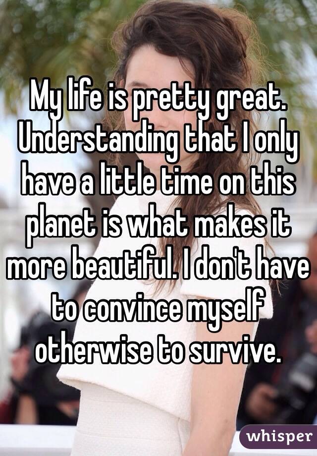 My life is pretty great. Understanding that I only have a little time on this planet is what makes it more beautiful. I don't have to convince myself otherwise to survive.
