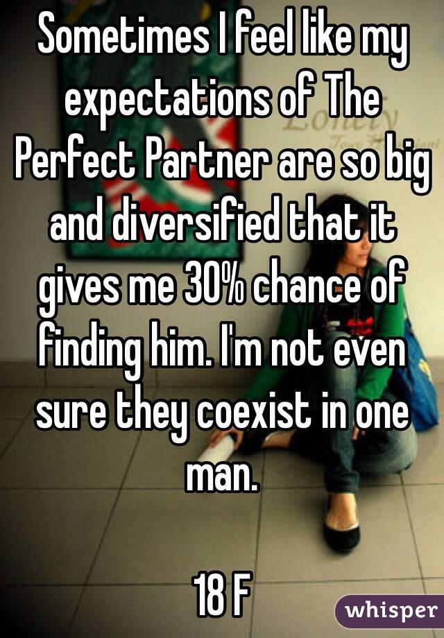 Sometimes I feel like my expectations of The Perfect Partner are so big and diversified that it gives me 30% chance of finding him. I'm not even sure they coexist in one man. 

18 F 