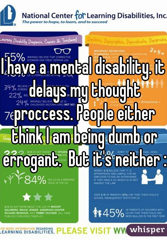 I have a mental disability. it delays my thought proccess. People either think I am being dumb or errogant.  But it's neither :(
