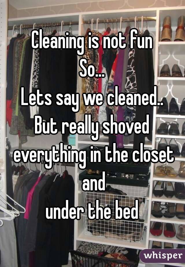 Cleaning is not fun
So...
Lets say we cleaned..
But really shoved everything in the closet and
under the bed