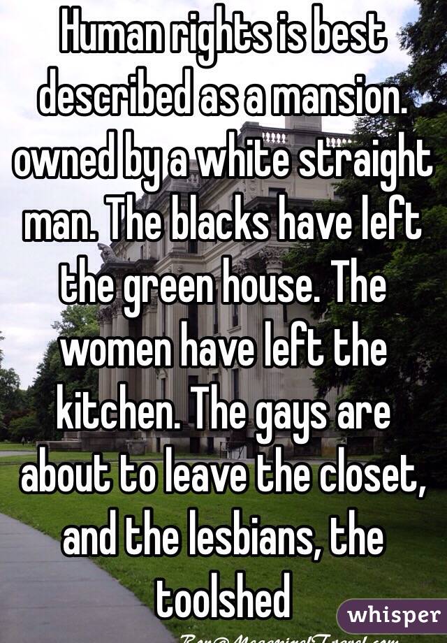 Human rights is best described as a mansion. owned by a white straight man. The blacks have left the green house. The women have left the kitchen. The gays are about to leave the closet, and the lesbians, the toolshed 