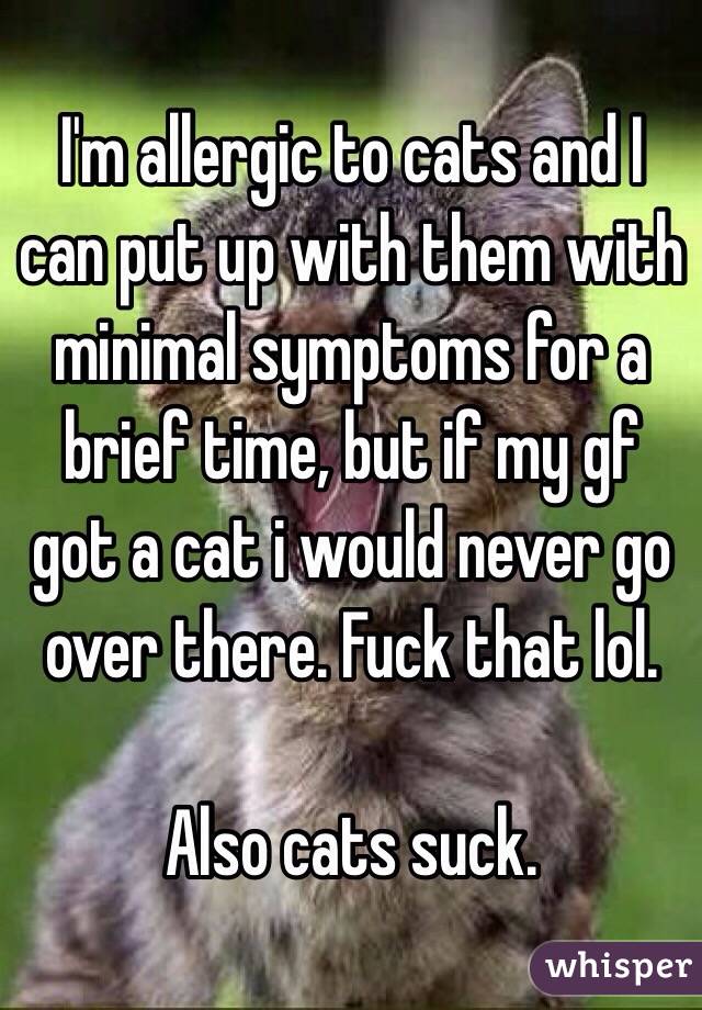 I'm allergic to cats and I can put up with them with minimal symptoms for a brief time, but if my gf got a cat i would never go over there. Fuck that lol.

Also cats suck.