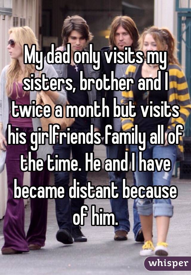 My dad only visits my sisters, brother and I twice a month but visits his girlfriends family all of the time. He and I have became distant because of him.