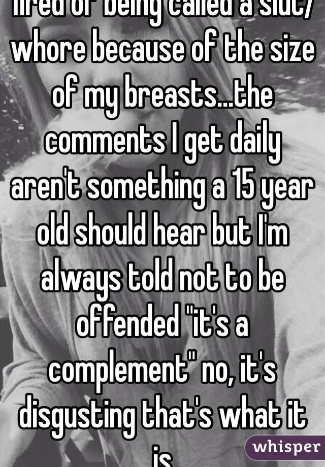 Tired of being called a slut/whore because of the size of my breasts...the comments I get daily aren't something a 15 year old should hear but I'm always told not to be offended "it's a complement" no, it's disgusting that's what it is 