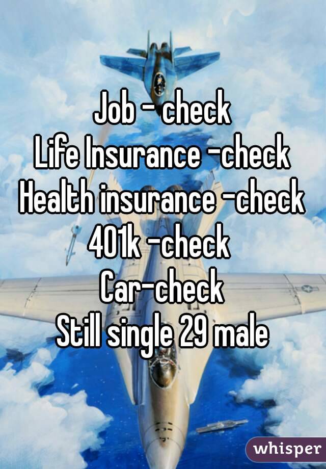 Job - check
Life Insurance -check
Health insurance -check
401k -check 
Car-check
Still single 29 male