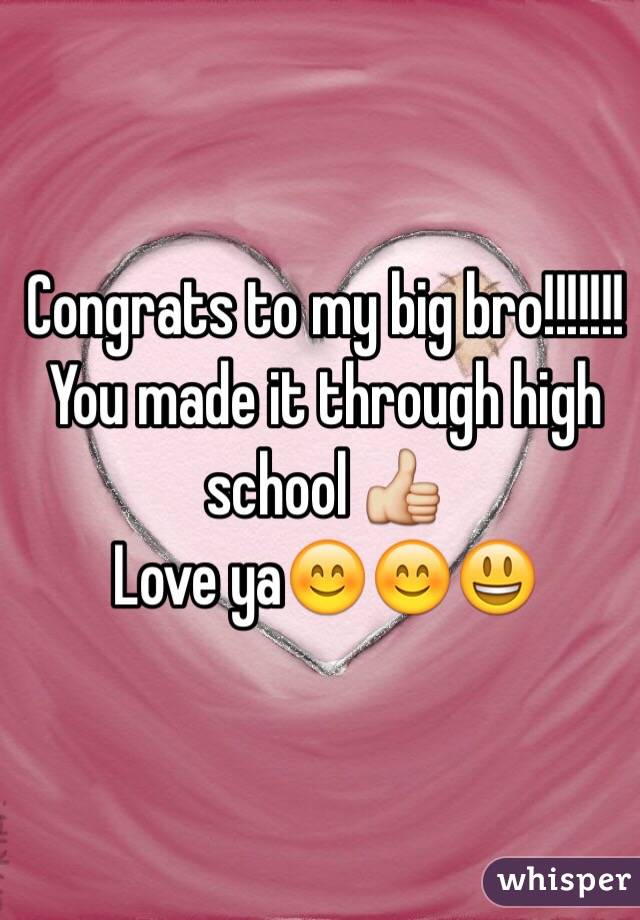 Congrats to my big bro!!!!!!! 
You made it through high school 👍
Love ya😊😊😃