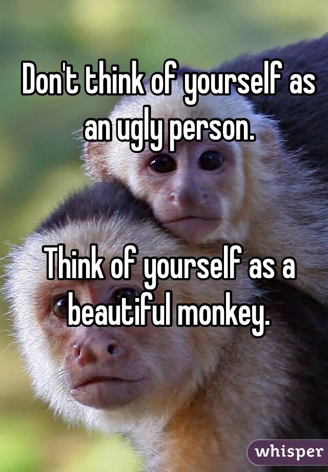 Don't think of yourself as an ugly person.


Think of yourself as a beautiful monkey.