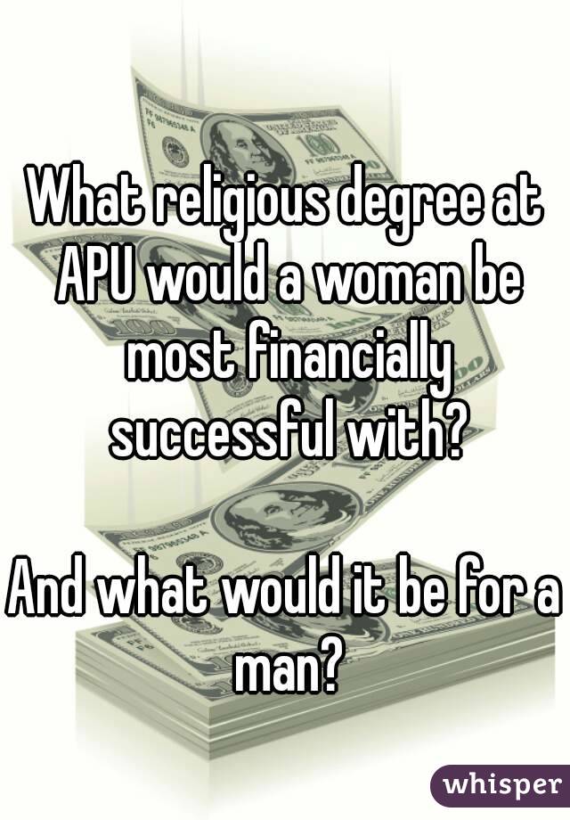 What religious degree at APU would a woman be most financially successful with?

And what would it be for a man?