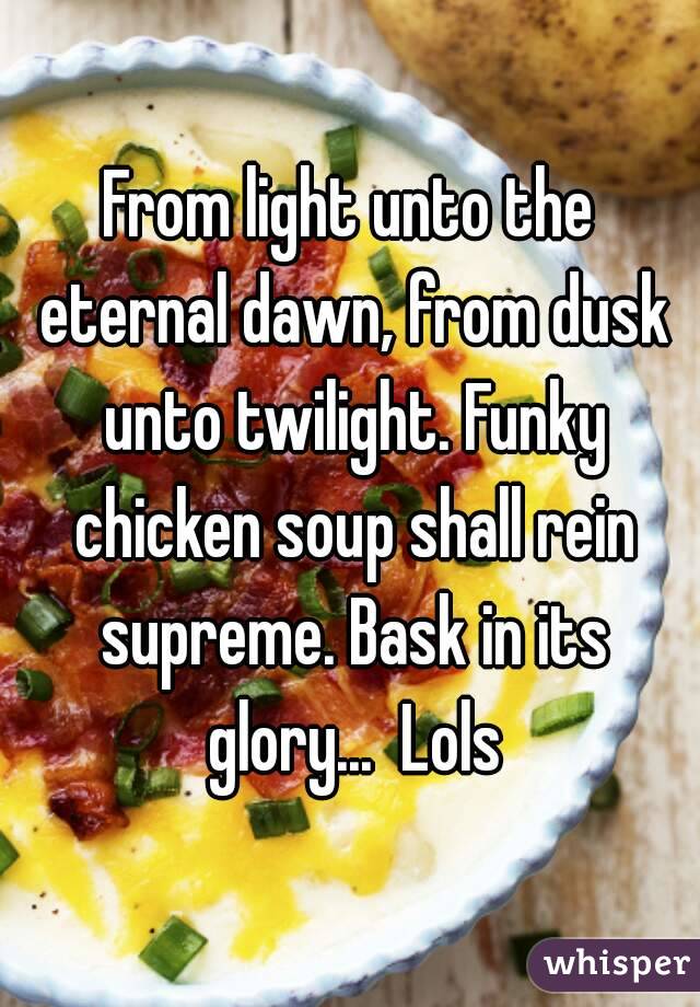 From light unto the eternal dawn, from dusk unto twilight. Funky chicken soup shall rein supreme. Bask in its glory...  Lols