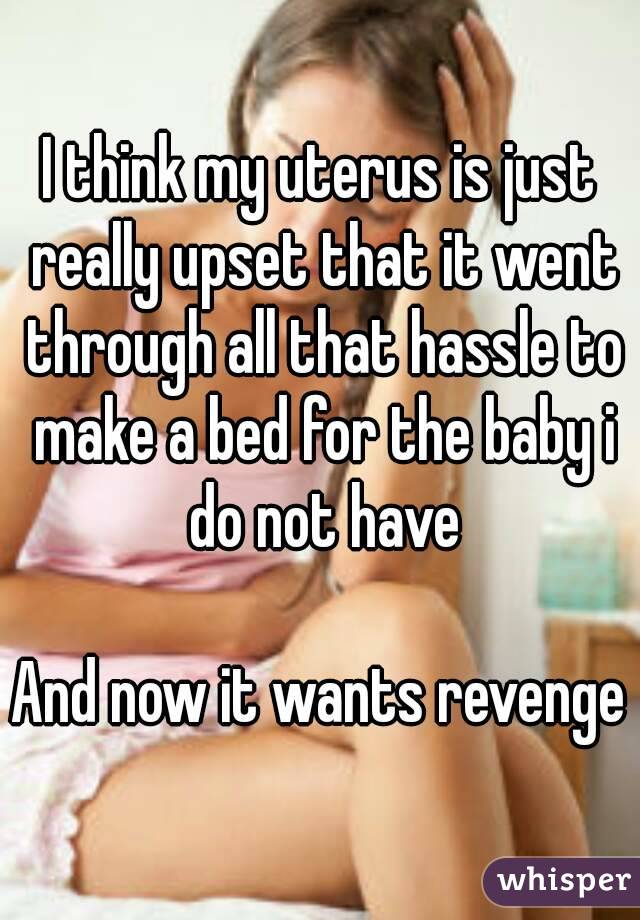 I think my uterus is just really upset that it went through all that hassle to make a bed for the baby i do not have

And now it wants revenge