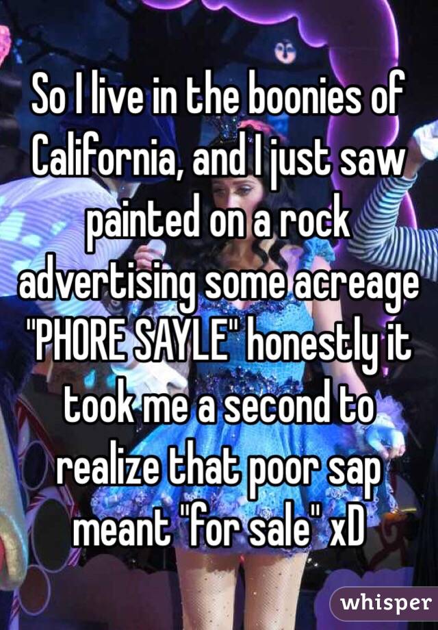 So I live in the boonies of California, and I just saw painted on a rock advertising some acreage "PHORE SAYLE" honestly it took me a second to realize that poor sap meant "for sale" xD 