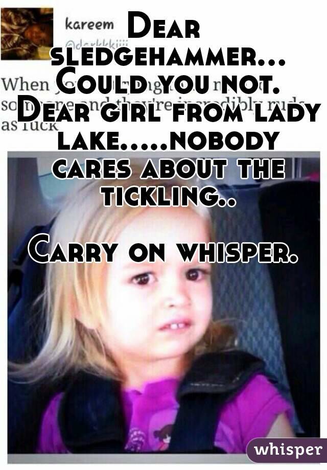 Dear sledgehammer... Could you not. Dear girl from lady lake.....nobody cares about the tickling..

Carry on whisper.