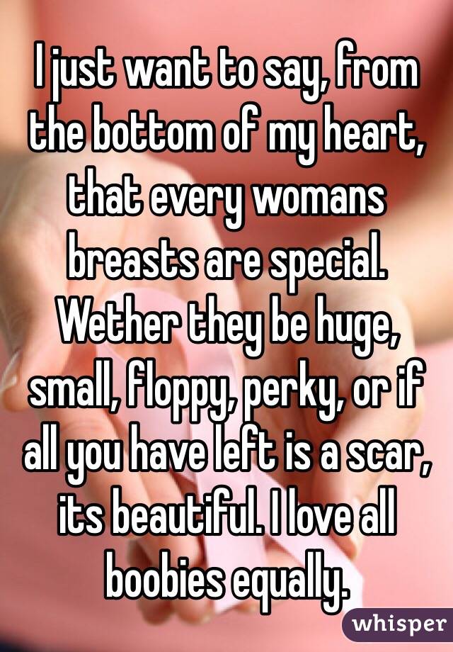 I just want to say, from the bottom of my heart, that every womans breasts are special. Wether they be huge, small, floppy, perky, or if all you have left is a scar, its beautiful. I love all boobies equally. 