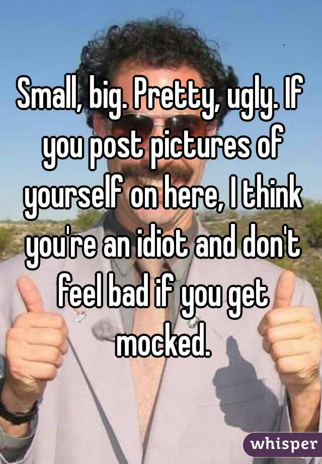 Small, big. Pretty, ugly. If you post pictures of yourself on here, I think you're an idiot and don't feel bad if you get mocked.