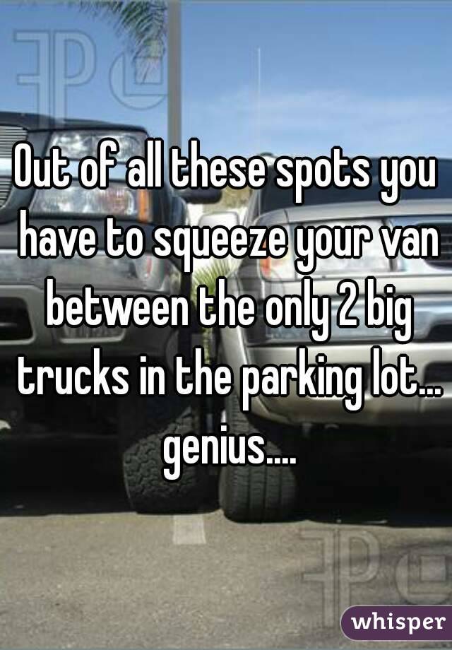 Out of all these spots you have to squeeze your van between the only 2 big trucks in the parking lot... genius....