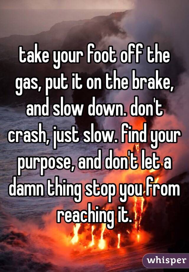 take your foot off the gas, put it on the brake, and slow down. don't crash, just slow. find your purpose, and don't let a damn thing stop you from reaching it. 
