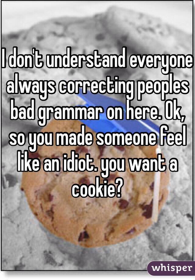 I don't understand everyone always correcting peoples bad grammar on here. Ok, so you made someone feel like an idiot. you want a cookie?
