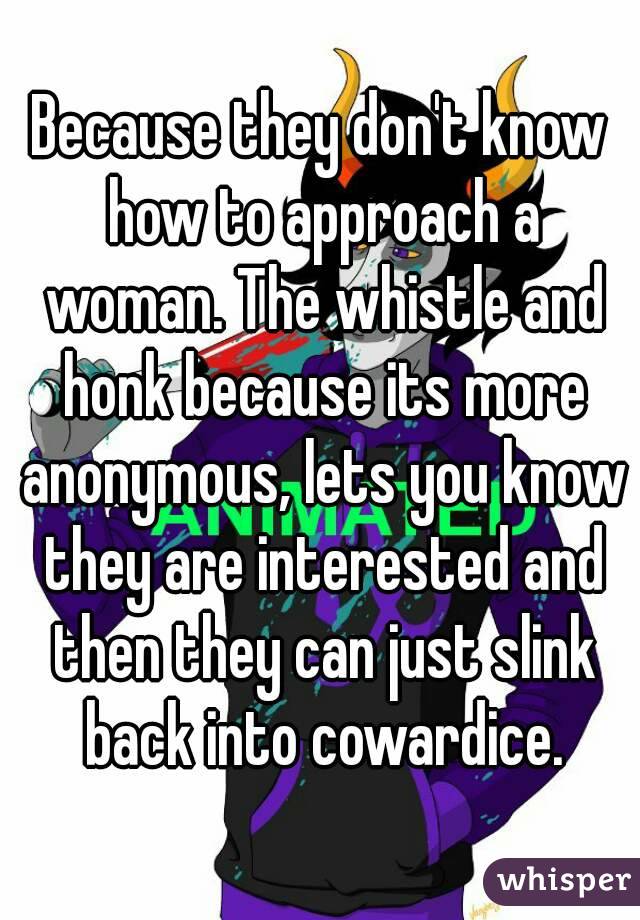 Because they don't know how to approach a woman. The whistle and honk because its more anonymous, lets you know they are interested and then they can just slink back into cowardice.