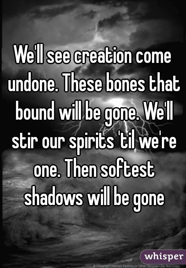 We'll see creation come undone. These bones that bound will be gone. We'll stir our spirits 'til we're one. Then softest shadows will be gone