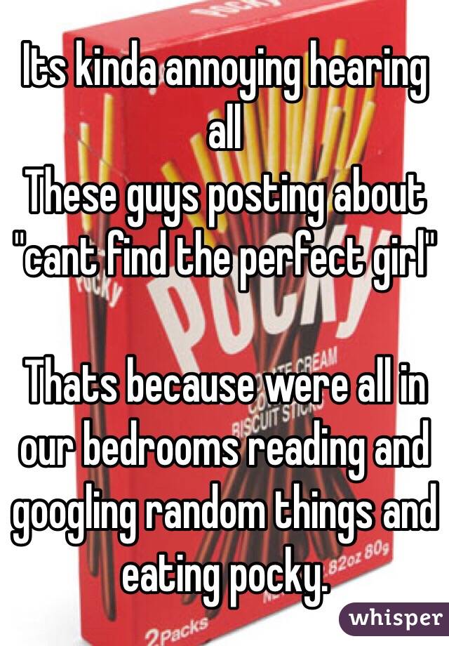 Its kinda annoying hearing all
These guys posting about "cant find the perfect girl"

Thats because were all in our bedrooms reading and googling random things and eating pocky. 