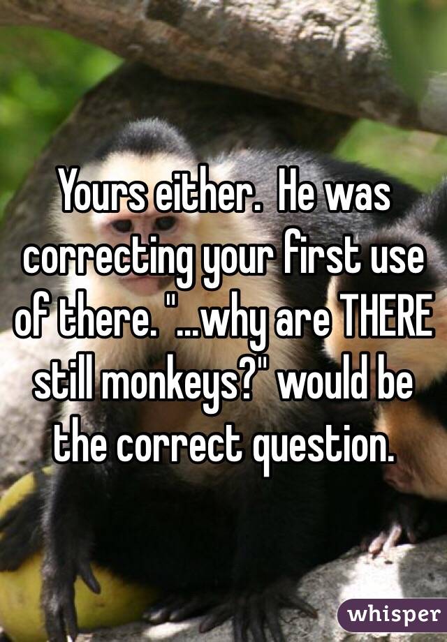 Yours either.  He was correcting your first use of there. "...why are THERE still monkeys?" would be the correct question. 