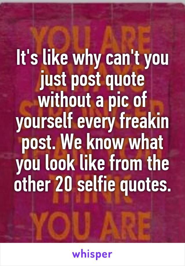 It's like why can't you just post quote without a pic of yourself every freakin post. We know what you look like from the other 20 selfie quotes. 