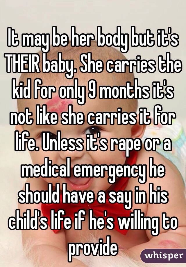 It may be her body but it's THEIR baby. She carries the kid for only 9 months it's not like she carries it for life. Unless it's rape or a medical emergency he should have a say in his child's life if he's willing to provide 