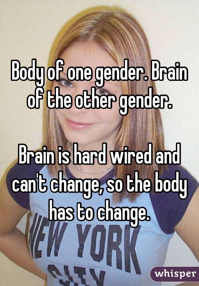 Body of one gender. Brain of the other gender.

Brain is hard wired and can't change, so the body has to change.