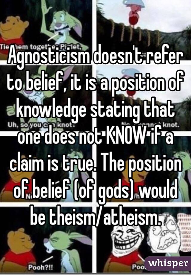 Agnosticism doesn't refer to belief, it is a position of knowledge stating that one does not KNOW if a claim is true. The position of belief (of gods) would be theism/atheism.