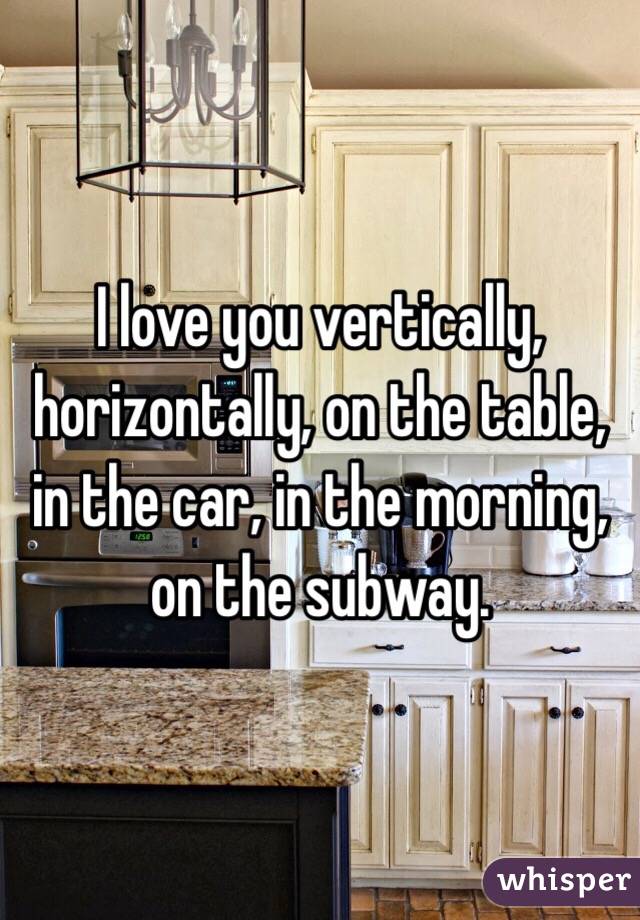 I love you vertically, horizontally, on the table, in the car, in the morning, on the subway. 