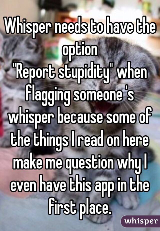 Whisper needs to have the option
 "Report stupidity" when flagging someone 's  whisper because some of the things I read on here make me question why I even have this app in the first place. 
